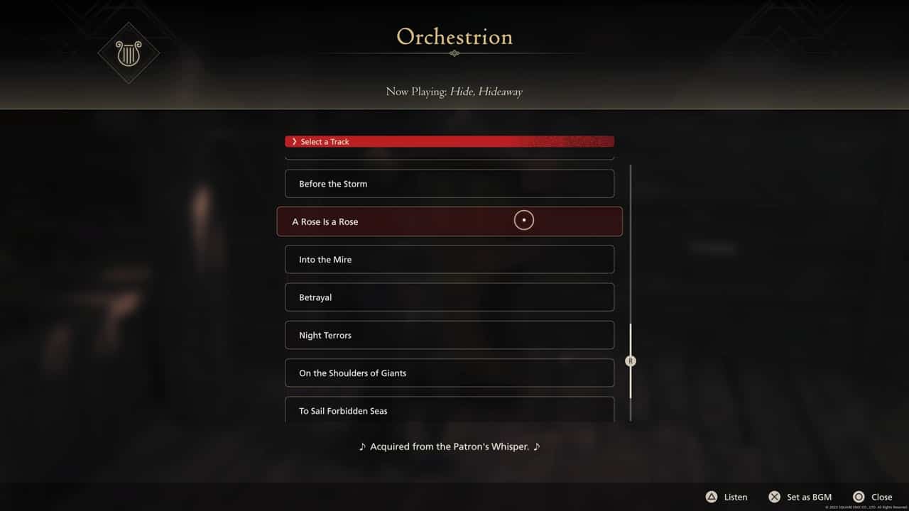 Final Fantasy 16 Orchestrion Roll locations: Orchestrion Roll menu at The Hideaway.