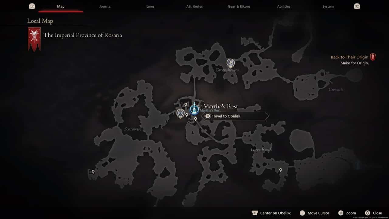 Final Fantasy 16 Obelisk locations: Martha's Rest on map.