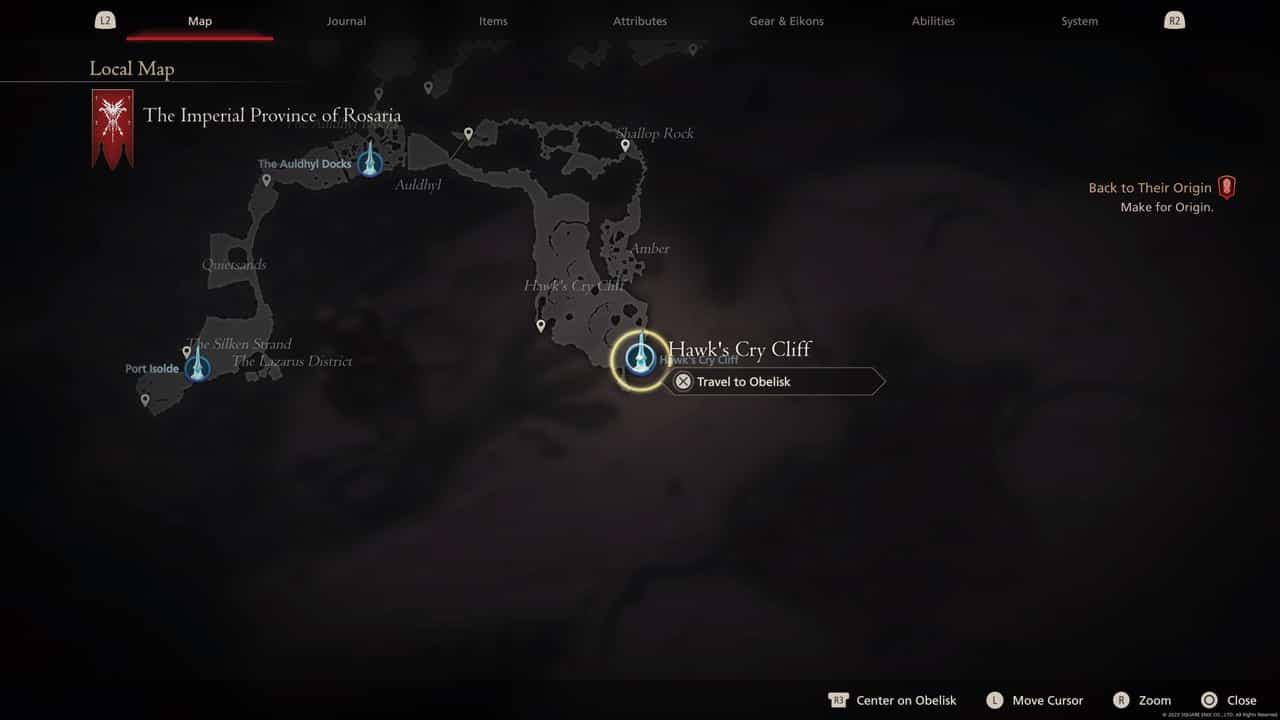 Final Fantasy 16 Obelisk locations: Hawk's Cry Cliff on map.