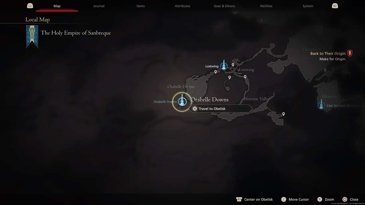 Final Fantasy 16 Obelisk locations: Orabelle Downs on map.