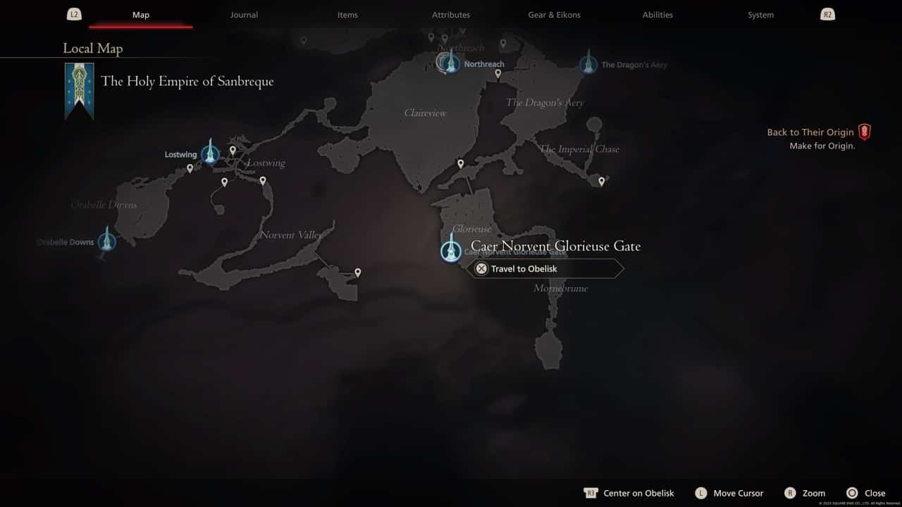 Final Fantasy 16 Obelisk locations: Caer Norvent Glorieuse Gate on map.