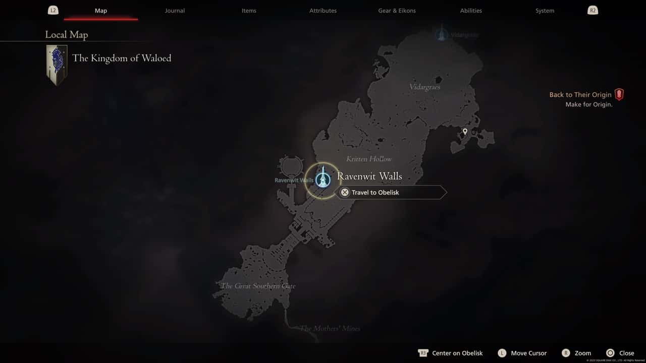 Final Fantasy 16 Obelisk locations: Ravenwit Walls on map.