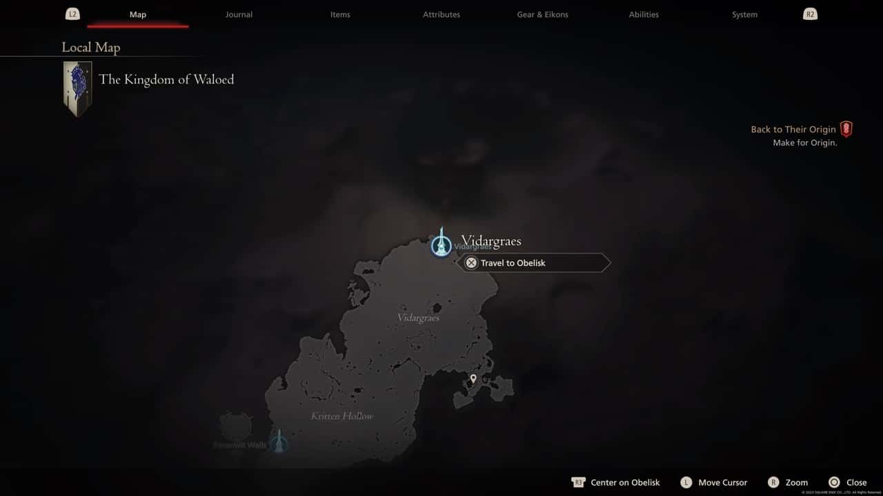 Final Fantasy 16 Obelisk locations: Vidargraes on map.
