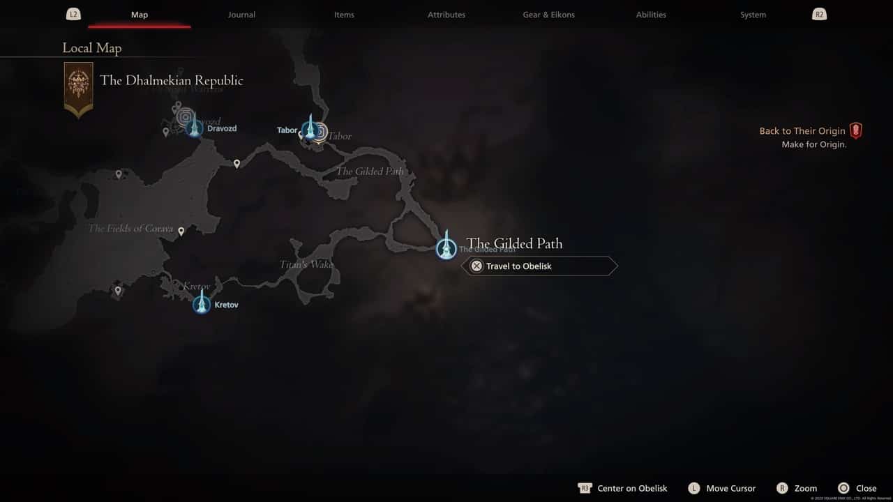 Final Fantasy 16 Obelisk locations: The Gilded Path on map.