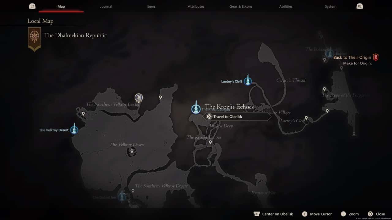 Final Fantasy 16 Obelisk locations: The Krozjit Echoes on map.