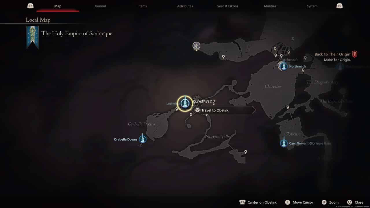 Final Fantasy 16 Obelisk locations: Lostwing location on map.