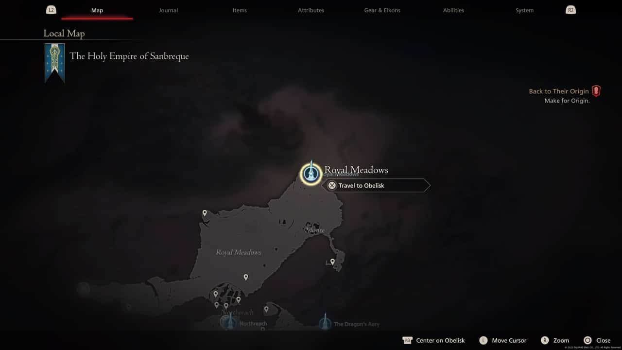 Final Fantasy 16 Obelisk locations: Royal Meadows location on map.