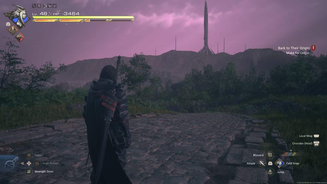 How to heal in Final Fantasy 16: Clive walking on brick road.