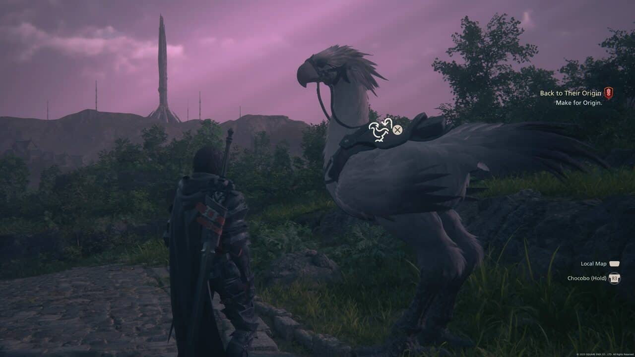 How to call chocobo in Final Fantasy 16: Clive mounting chocobo.