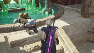 Final Fantasy 7 Rebirth gears and gambits: Cloud interacting with robot that is accessing protorelic