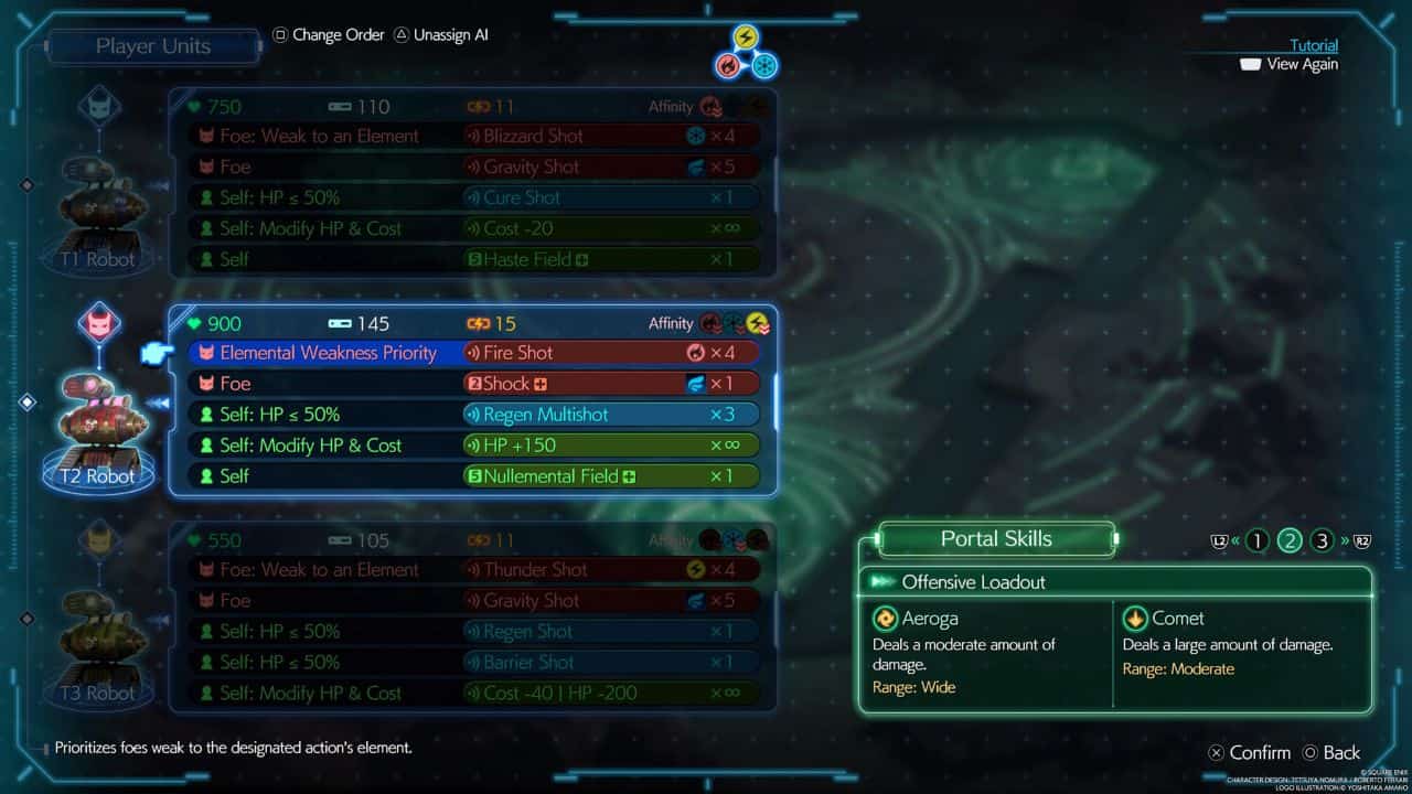 Final Fantasy 7 Rebirth gears and gambits: Robot selection menu for gears and gambits minigame.
