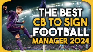 FM25 best CB to sign: A player in a purple jersey taking a corner with the words 'The Best CB to Sign Football Manager 2024' over them.