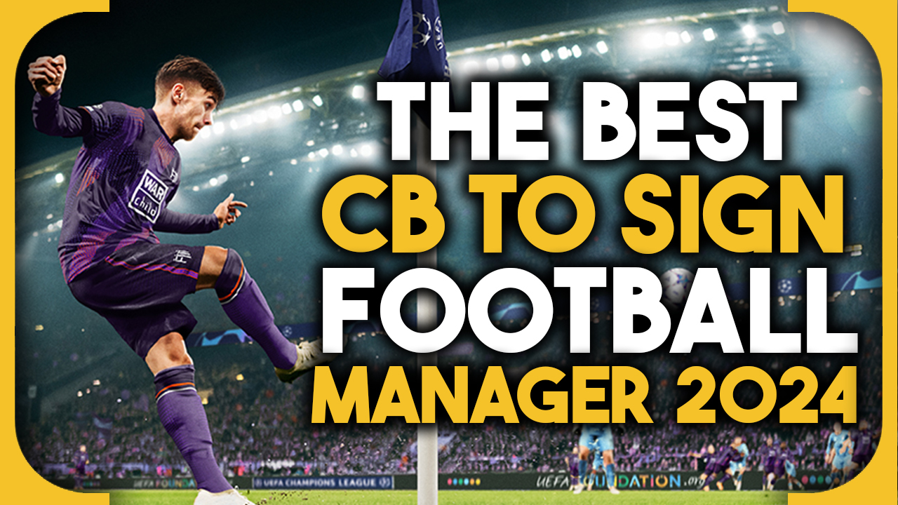 FM25 best CB to sign: A player in a purple jersey taking a corner with the words 'The Best CB to Sign Football Manager 2024' over them.