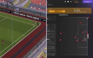 FM 24 corner tactic: game sim screen and tactic menu.