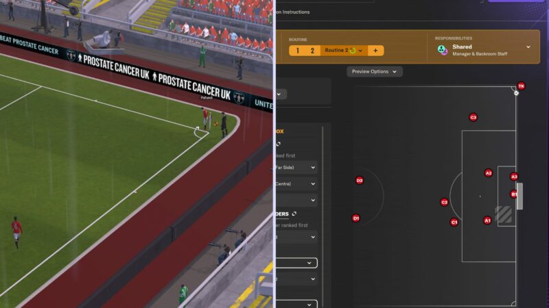 FM 24 corner tactic: game sim screen and tactic menu.