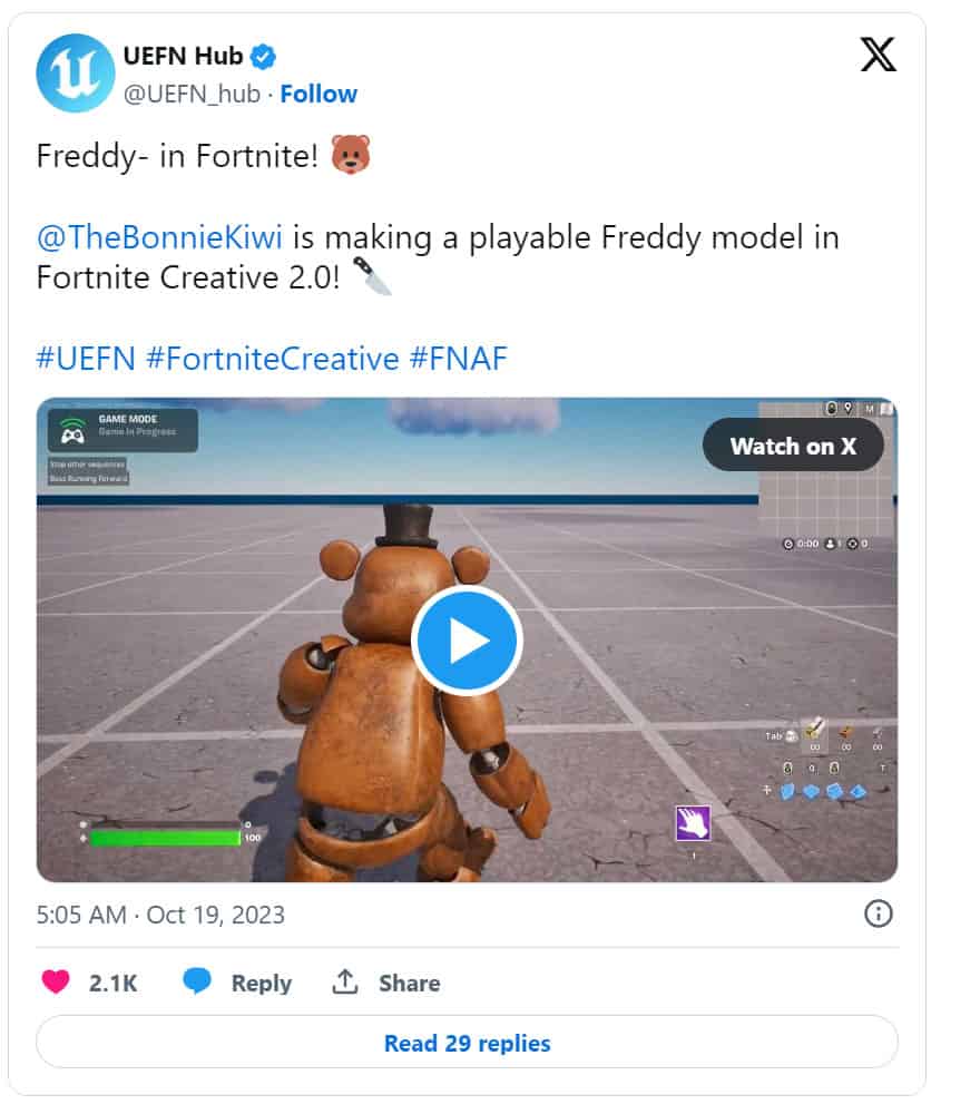 A twittee with a teddy bear picture featuring an unofficial FNAF and Fortnite collaboration teaser.