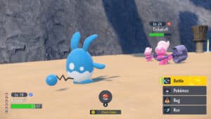 a blue pokemon with blue ears Azumarill and a doll like fairy pokemon Tinkatuff battling in pokemon scarlet and violet