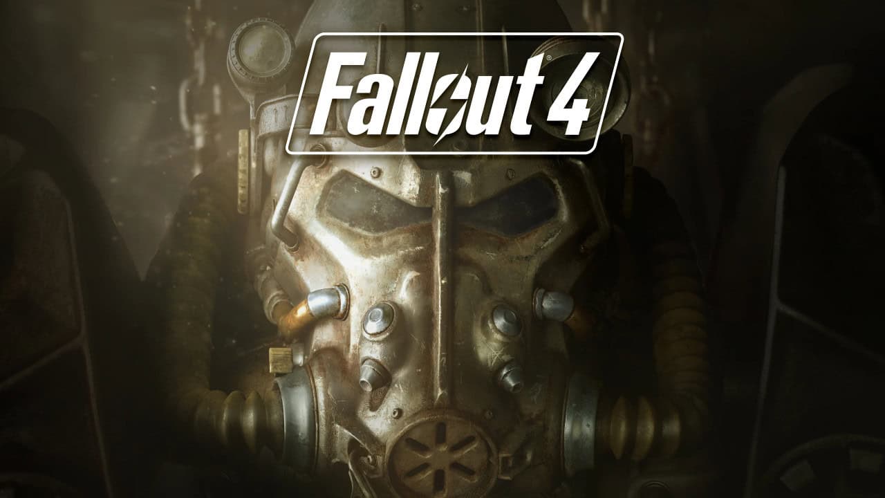 Promotional image for the Fallout 4 next-gen update, featuring a close-up of a worn t-60 power armor helmet with the game logo above.