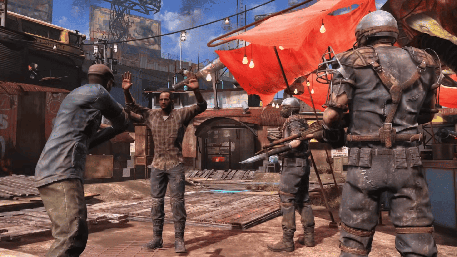 Fallout 5 release date - people celebrate in the streets during a trailer of Fallout 4.