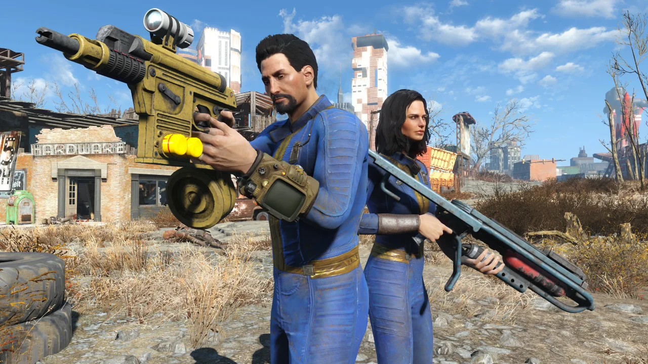 Two characters from a video game, one male and one female, armed with futuristic weapons in a post-apocalyptic setting, reminiscent of the Fallout universe.