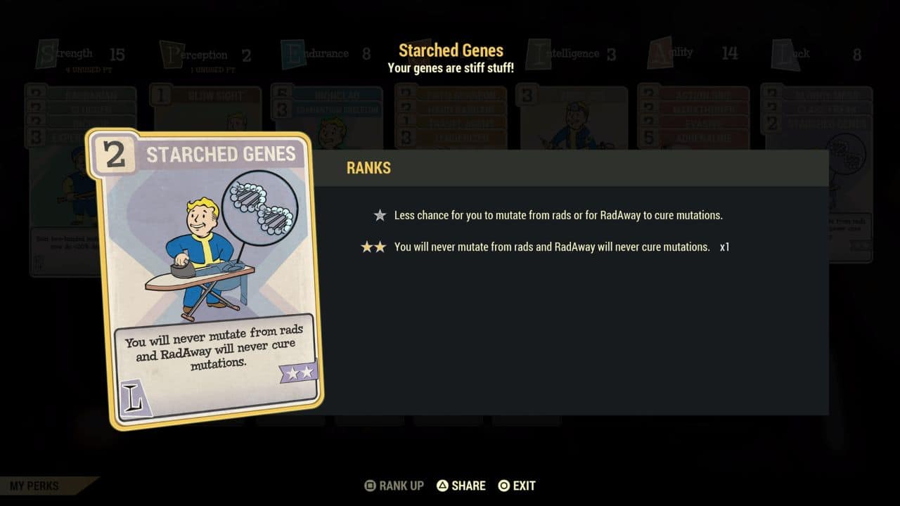 A screenshot showcasing multiple mutations in the Fallout 4 card game.