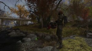 A man is standing in a forest near a river, contemplating Nintendo Switch's future with Fallout.