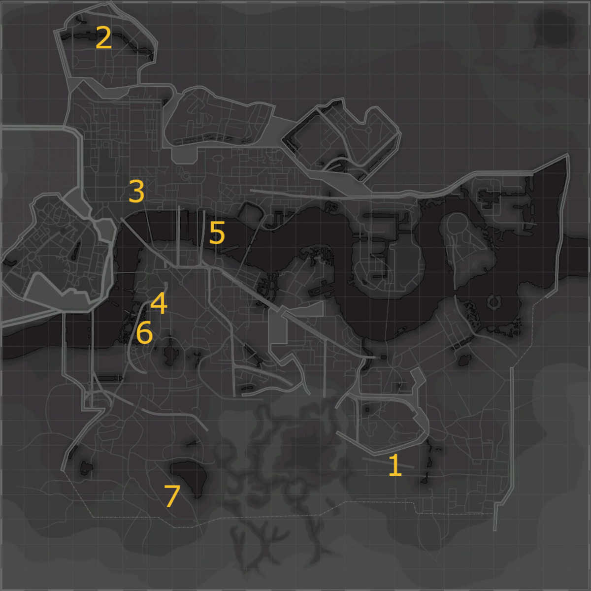 Map of the Fallout London map, annotated with numbers reflecting the settlement locations in Fallout London.
