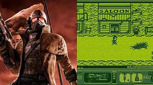 A close-up of a Fallout-style soldier in armor on the left, and a pixel-art scene of a video game featuring a western saloon on the right.