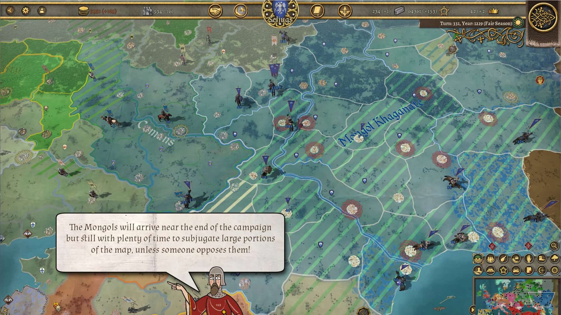Field of Glory: Kingdoms map displays a medieval landscape divided into regions. Text bubble warns of Mongol arrival