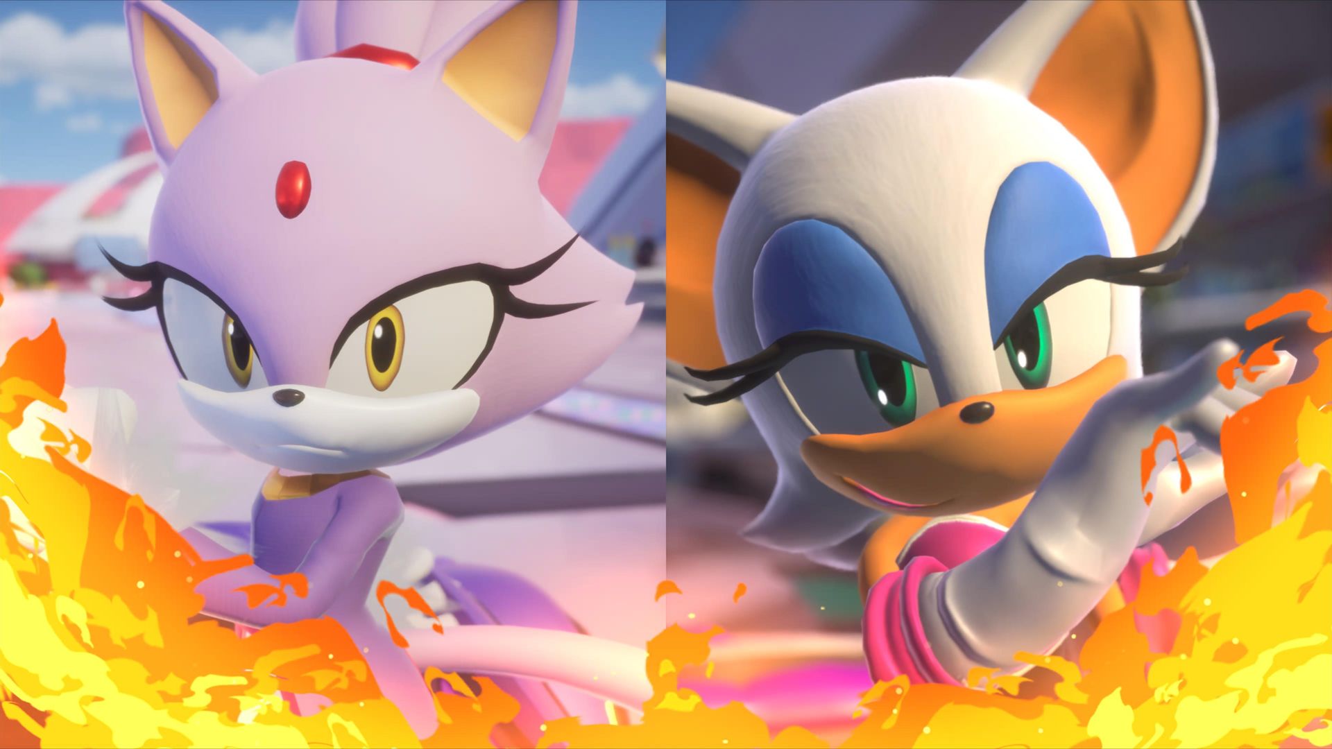 Blaze and Rouge face off in Sonic Racing CrossWorlds amid swirling flames