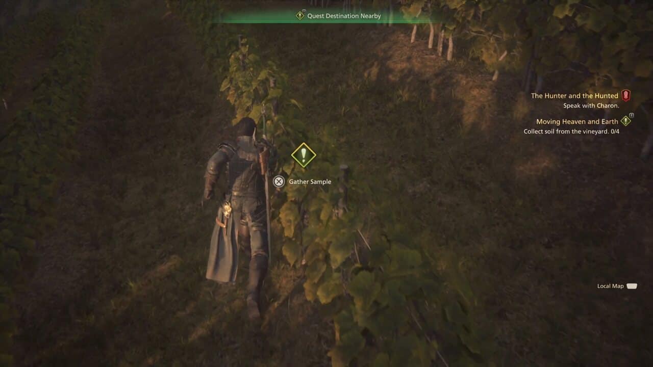 Final Fantasy 16 Moving Heaven and Earth: Clive gathering soil sample in vineyard.