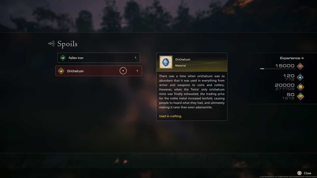 How to get Orichalcum in Final Fantasy 16: spoils screen after defeating Atlas.
