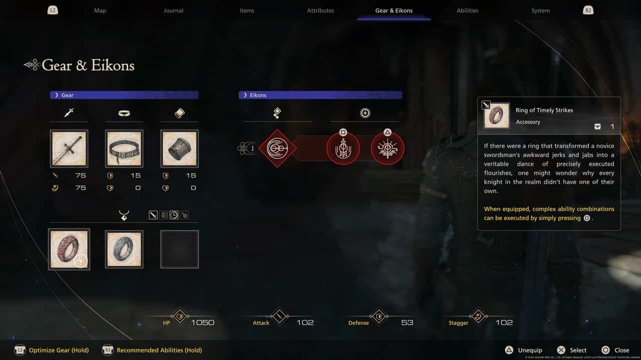 Final Fantasy 16 Timely Accessories: timely accessories in gear menu.