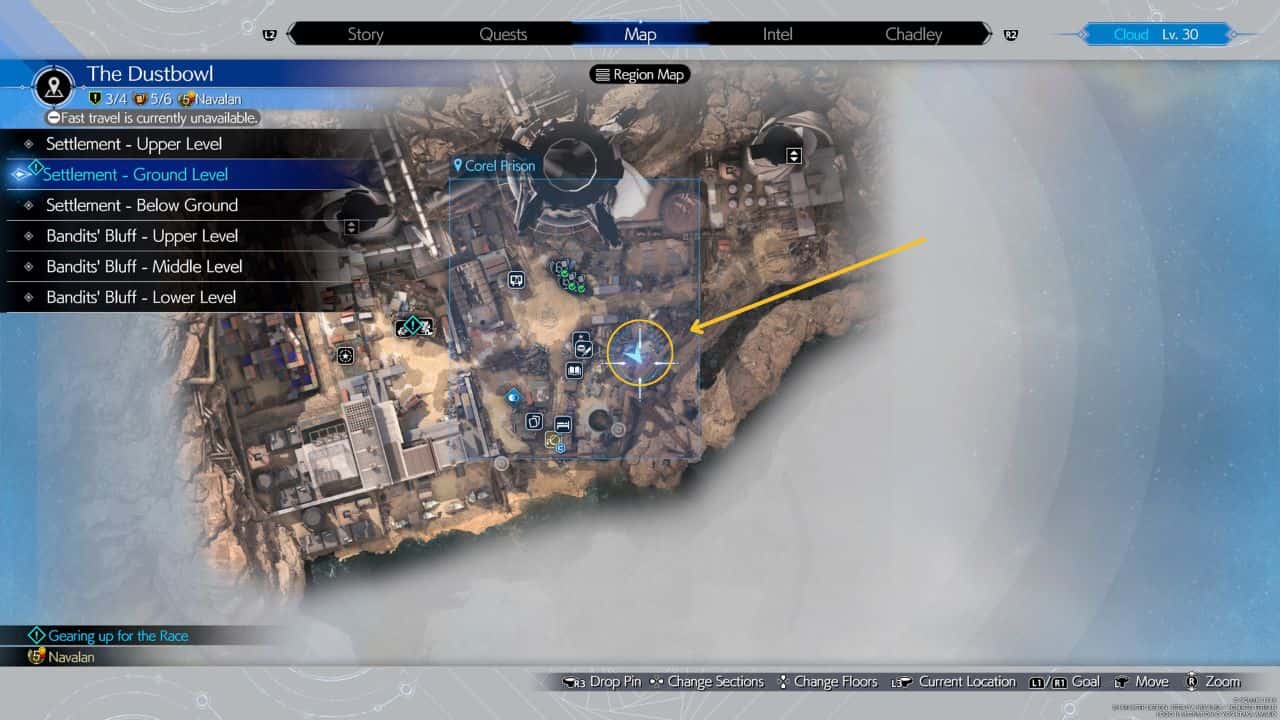 Final Fantasy 7 Rebirth Swindling Seminar: Map showing the location of where you can start the quest in the dustbowl.