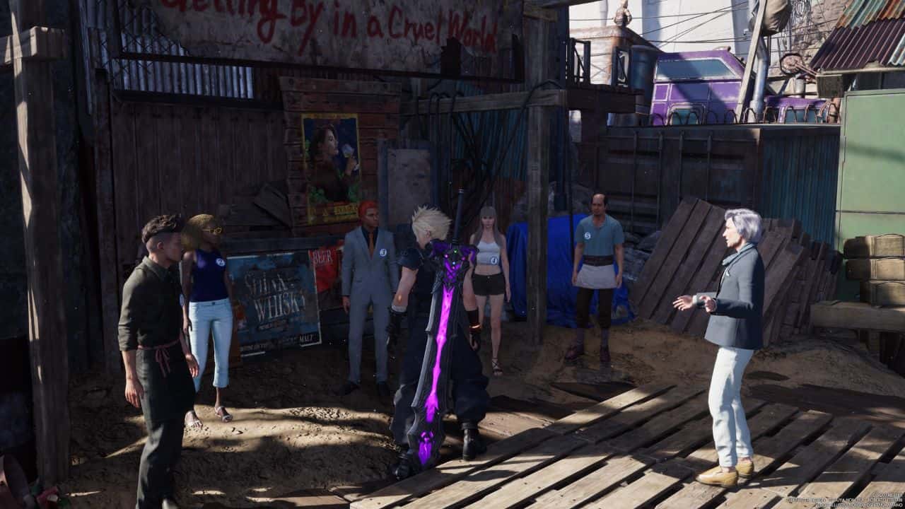 Final Fantasy 7 Rebirth Swindling Seminar: Cloud standing near crowd of liars in the dustbowl