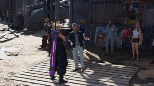 Final Fantasy 7 Rebirth Swindling Seminar: Cloud speaking to Conniving Caglio to start the seminar quest