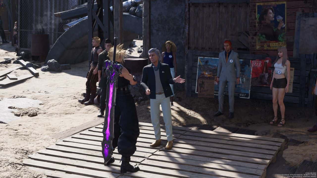 Final Fantasy 7 Rebirth Swindling Seminar: Cloud speaking to Conniving Caglio to start the seminar quest
