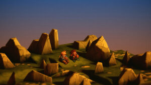 Two characters sit together on a grassy hill surrounded by jagged rocks under a sunset sky in Final Fantasy Tactics - The Ivalice Chronicles
