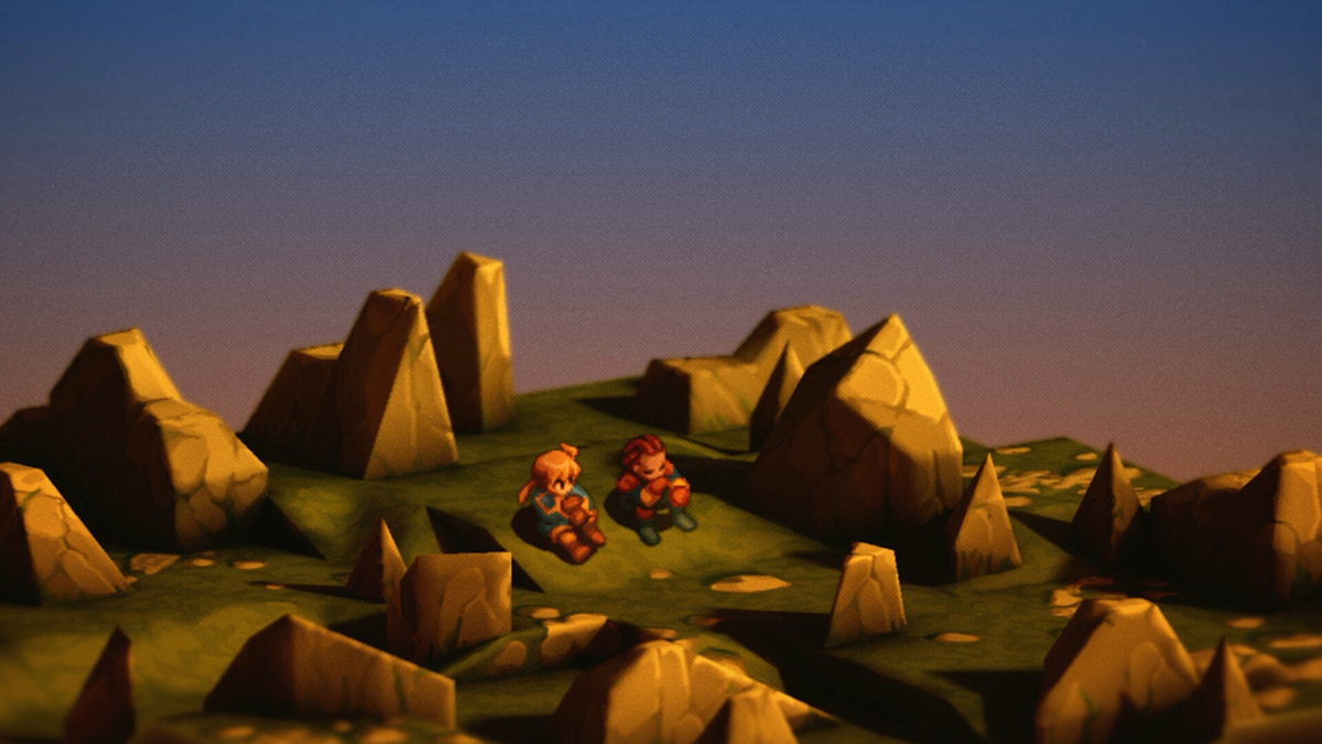 Two characters sit together on a grassy hill surrounded by jagged rocks under a sunset sky in Final Fantasy Tactics - The Ivalice Chronicles