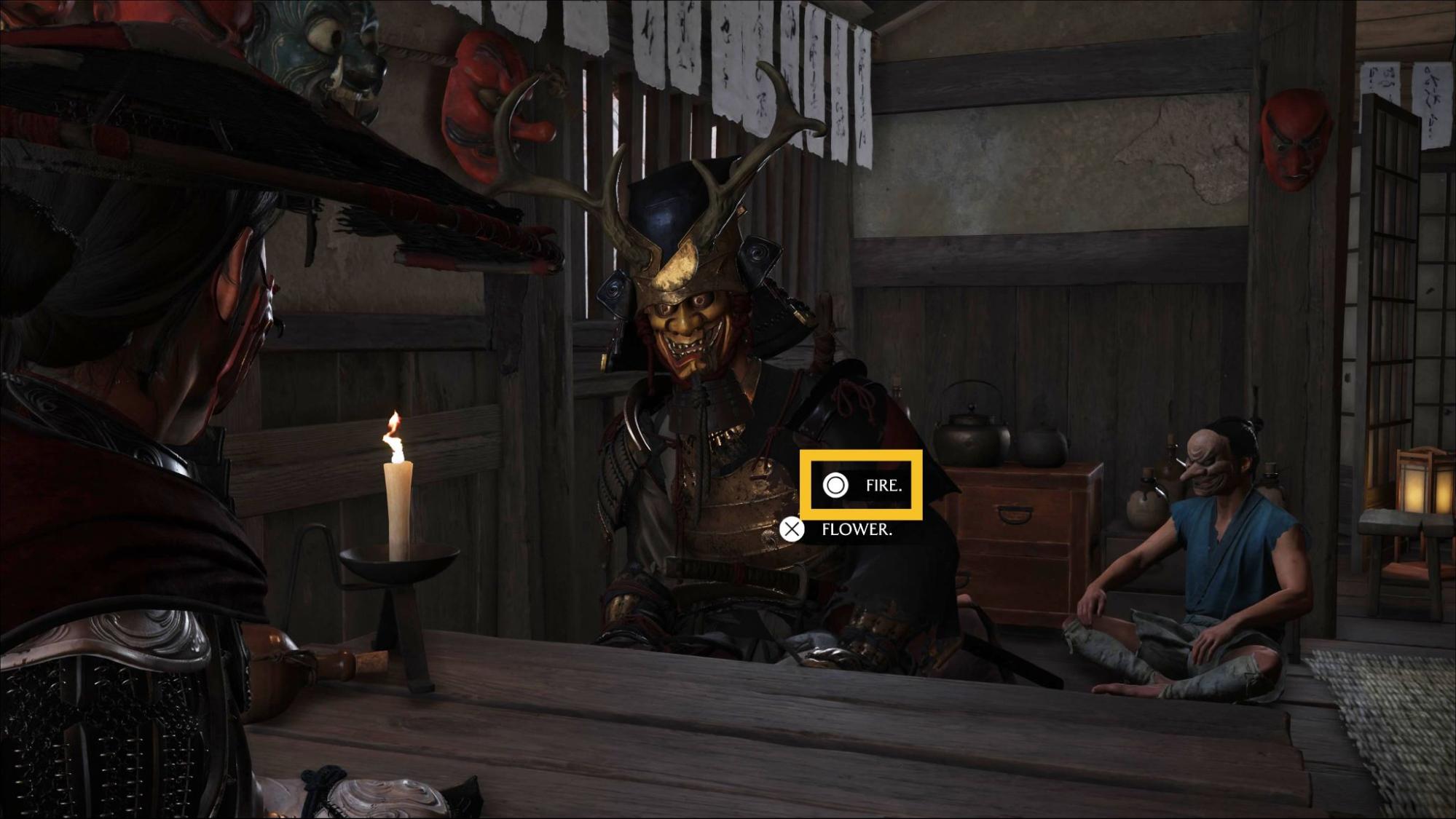 Player selects the answer “Fire” during the first Oni Raider riddle in Ghost of Yotei Oni’s Breath Inn quest