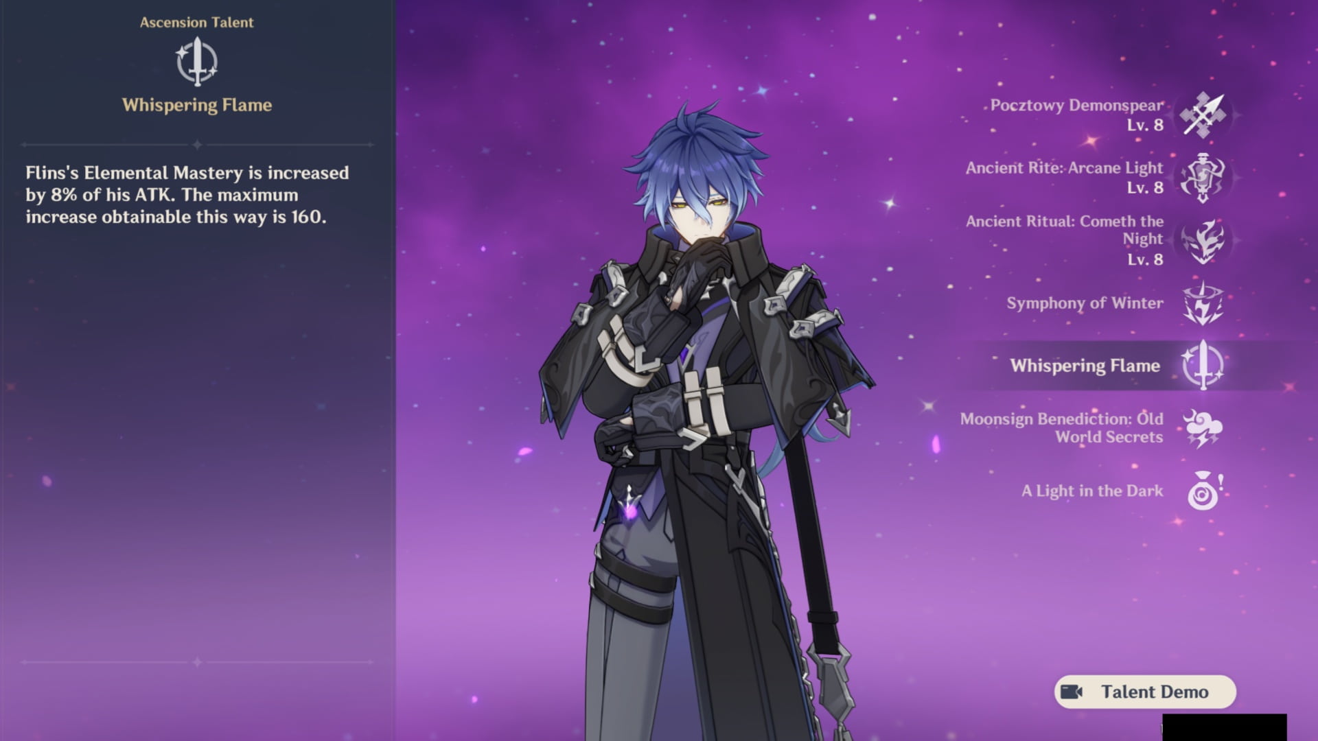 Flins with blue hair in a dark outfit stands against a purple starry background