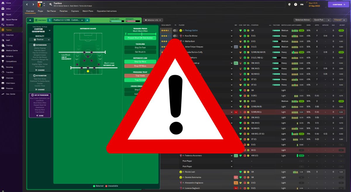 Football Manager tactic screen with a stop sign