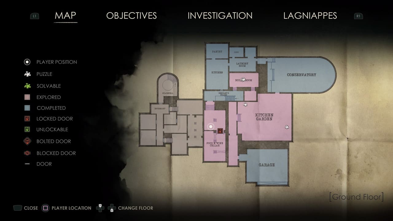 A digital image showing the Alone in the Dark Lagniappe video game map interface, with a player location indicator and various room labels on a building's ground floor layout.