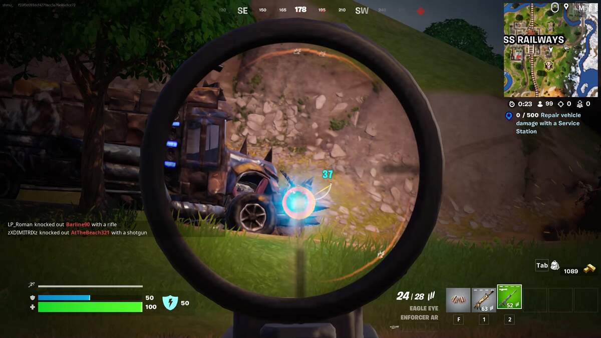 Fortnite where to find a War Bus: A player hitting a scoped shot on an enemy NPC.