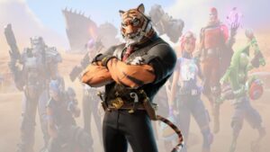 A tiger character dressed in a suit stands with arms crossed in the foreground, evoking the sleek confidence of Fortnite Chapter 5, while several other uniquely costumed characters populate the background.