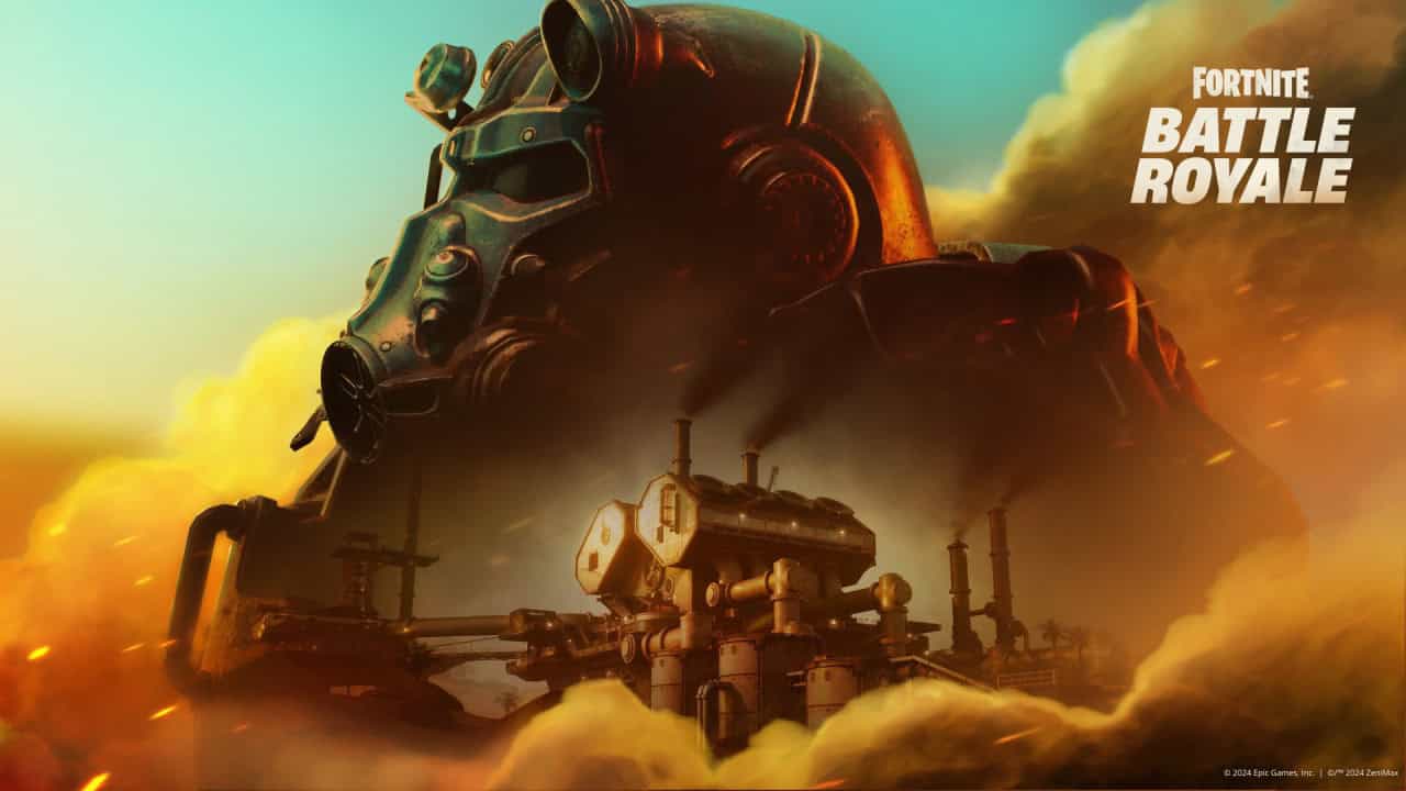 A large armored figure wearing a helmet appears above an industrial complex with smokestacks in a Fortnite Season 3 Battle Royale-themed setting.
