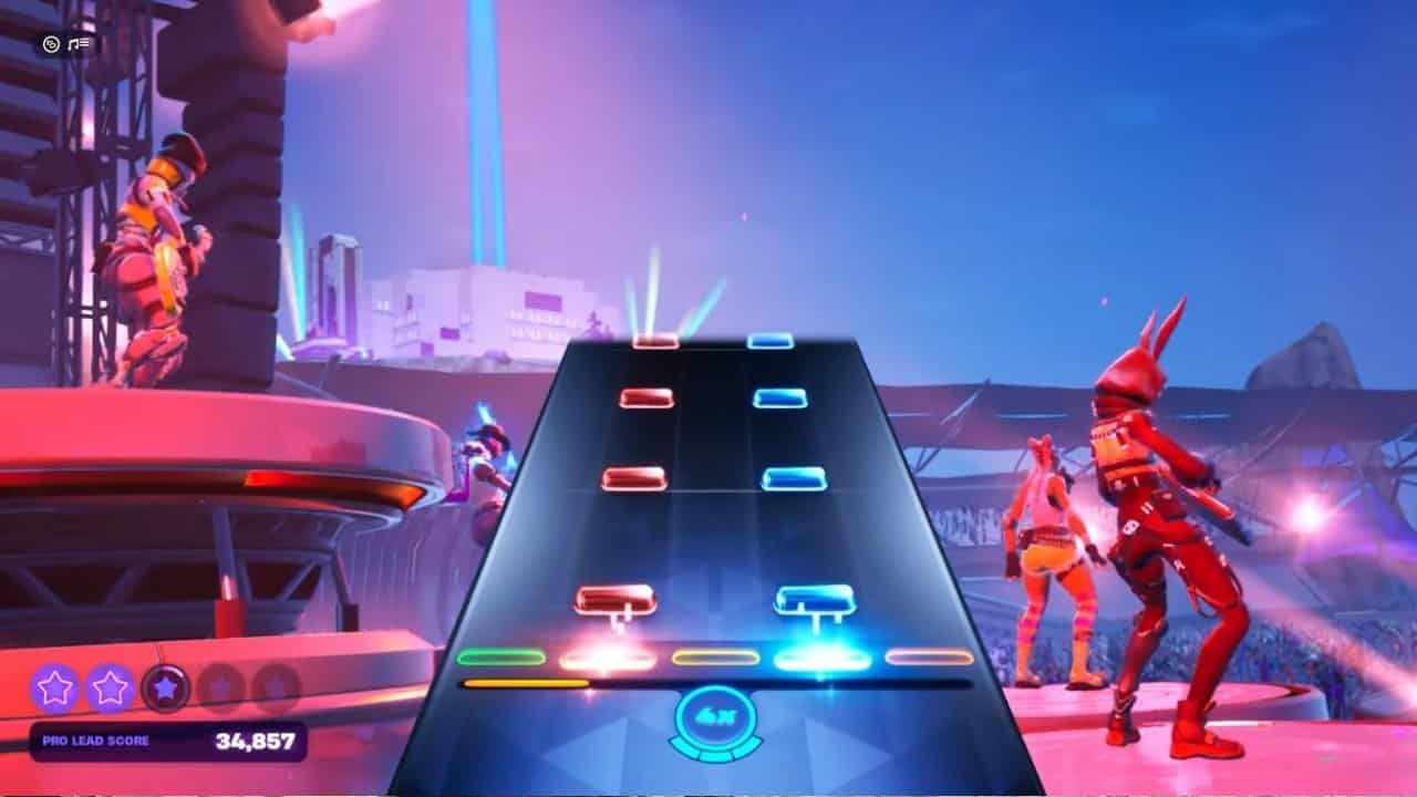 A screenshot from a video game showing a guitar-playing interface with colored notes on a track, with futuristic avatars and a Fortnite Festival stage in the background.
