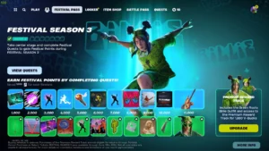 Screenshot of the "Fortnite Festival Season 3" video game interface, featuring menus, a character in a dynamic pose, and various gameplay reward icons.