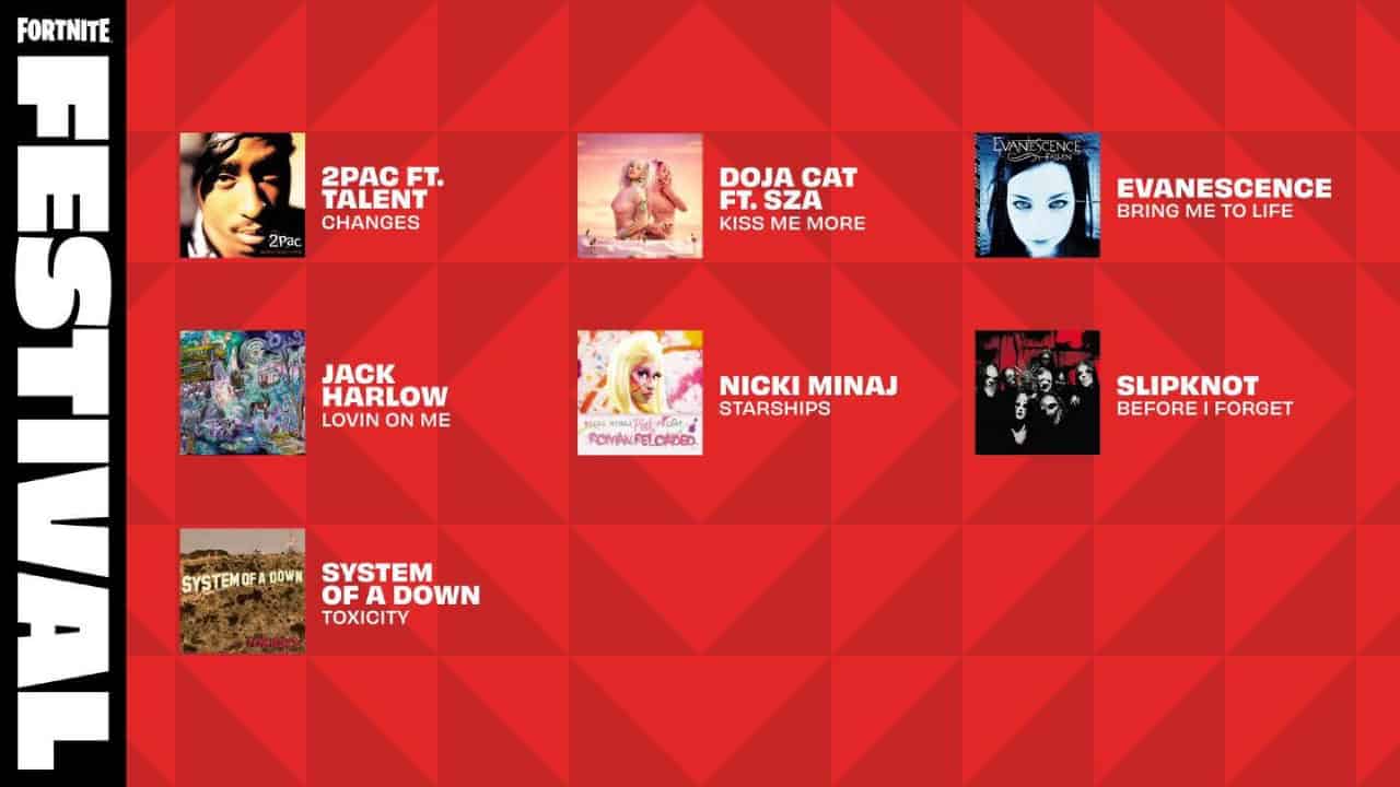 Promotional graphic for a Fortnite Festival featuring artist panels like 2Pac, Doja Cat, Evanescence, Jack Harlow, Nicki Minaj, Slipknot, and