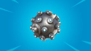 A spherical, gray metallic object with multiple circular lights, set against a blue background, reminiscent of the futuristic artifacts seen in Fortnite Season 3.
